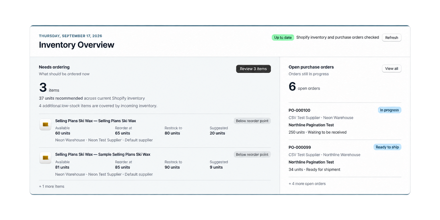 Northline Reorder Inventory Overview showing needs ordering and open purchase orders
