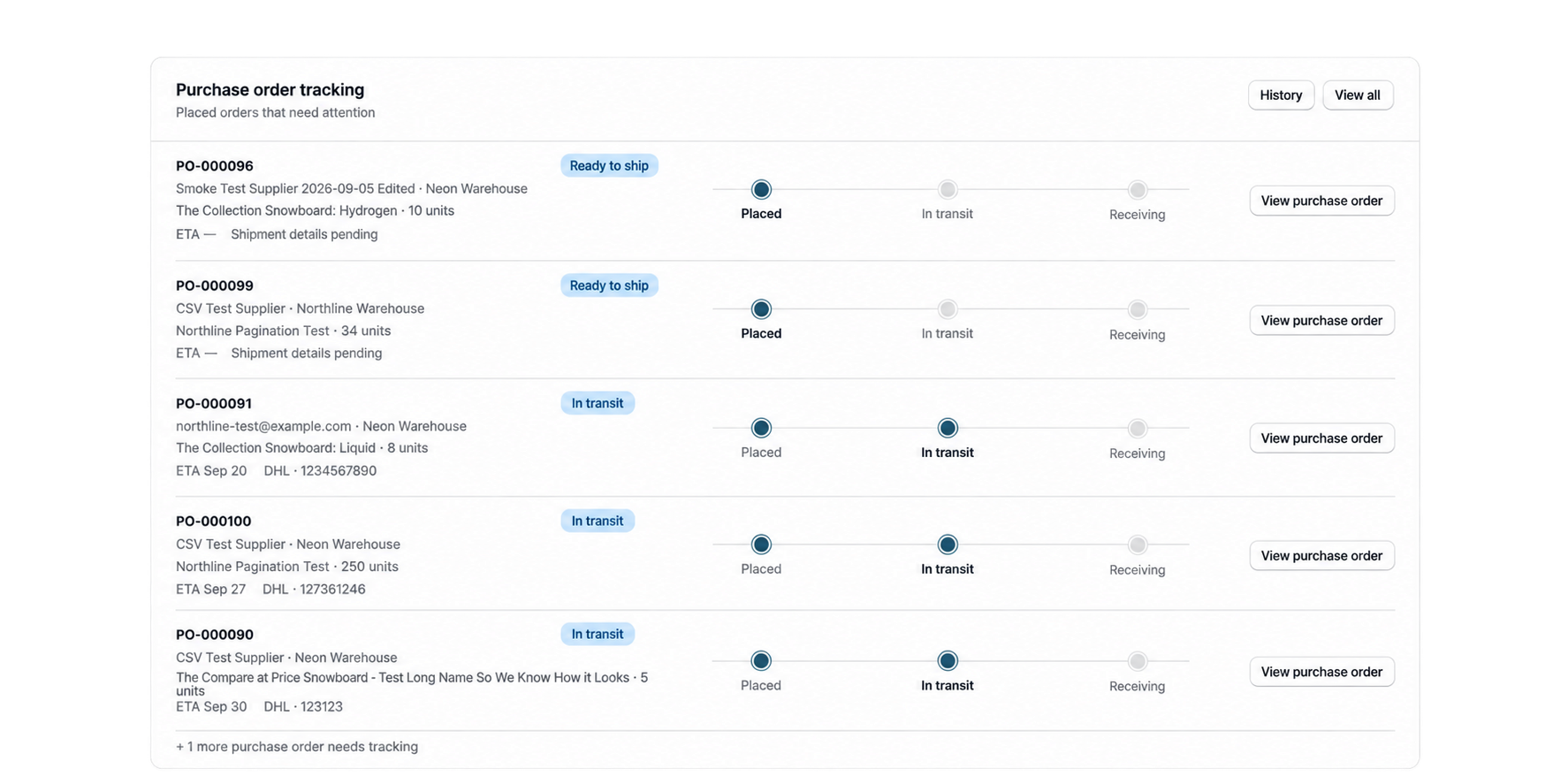 Northline Reorder purchase order tracking with shipment progress across multiple orders