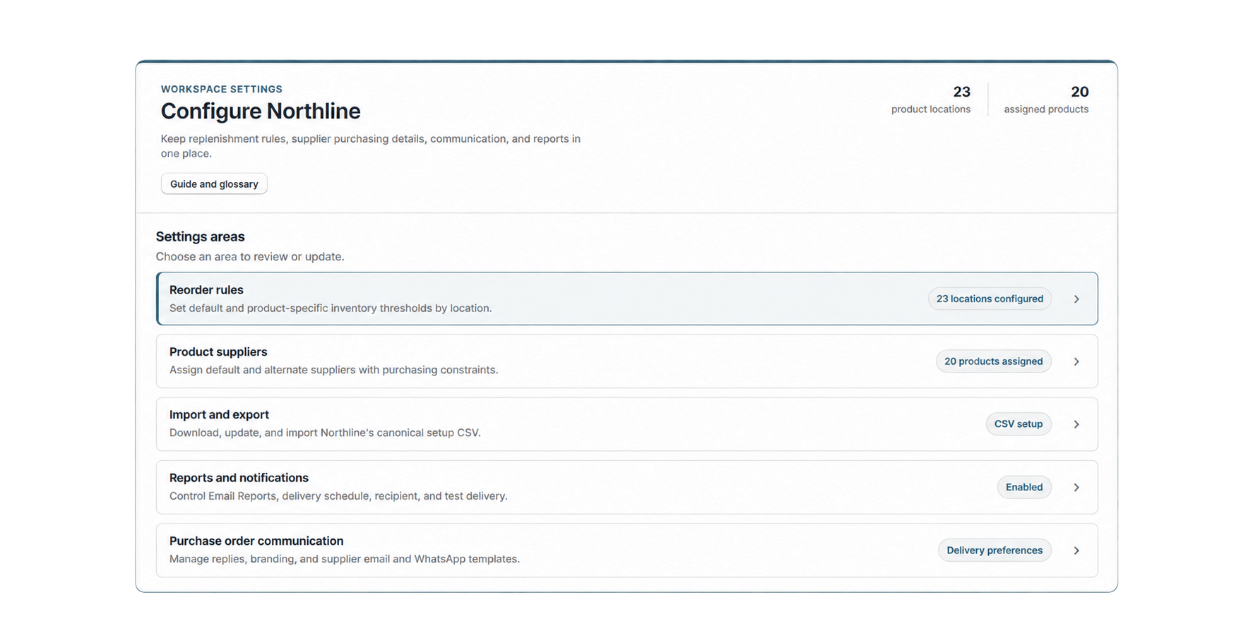 Northline Reorder workspace settings for reorder rules, suppliers, reports, and purchase order communication